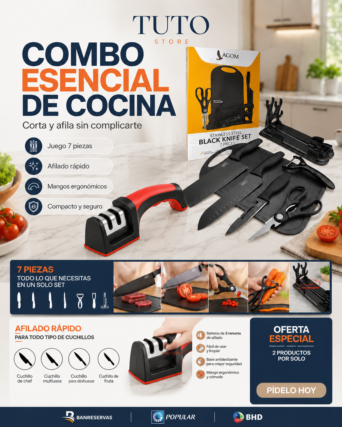 Combo de Cuchillos de Cocina + Afilador – Corta con precisión y recupera el filo: renueva tu cocina con un solo set