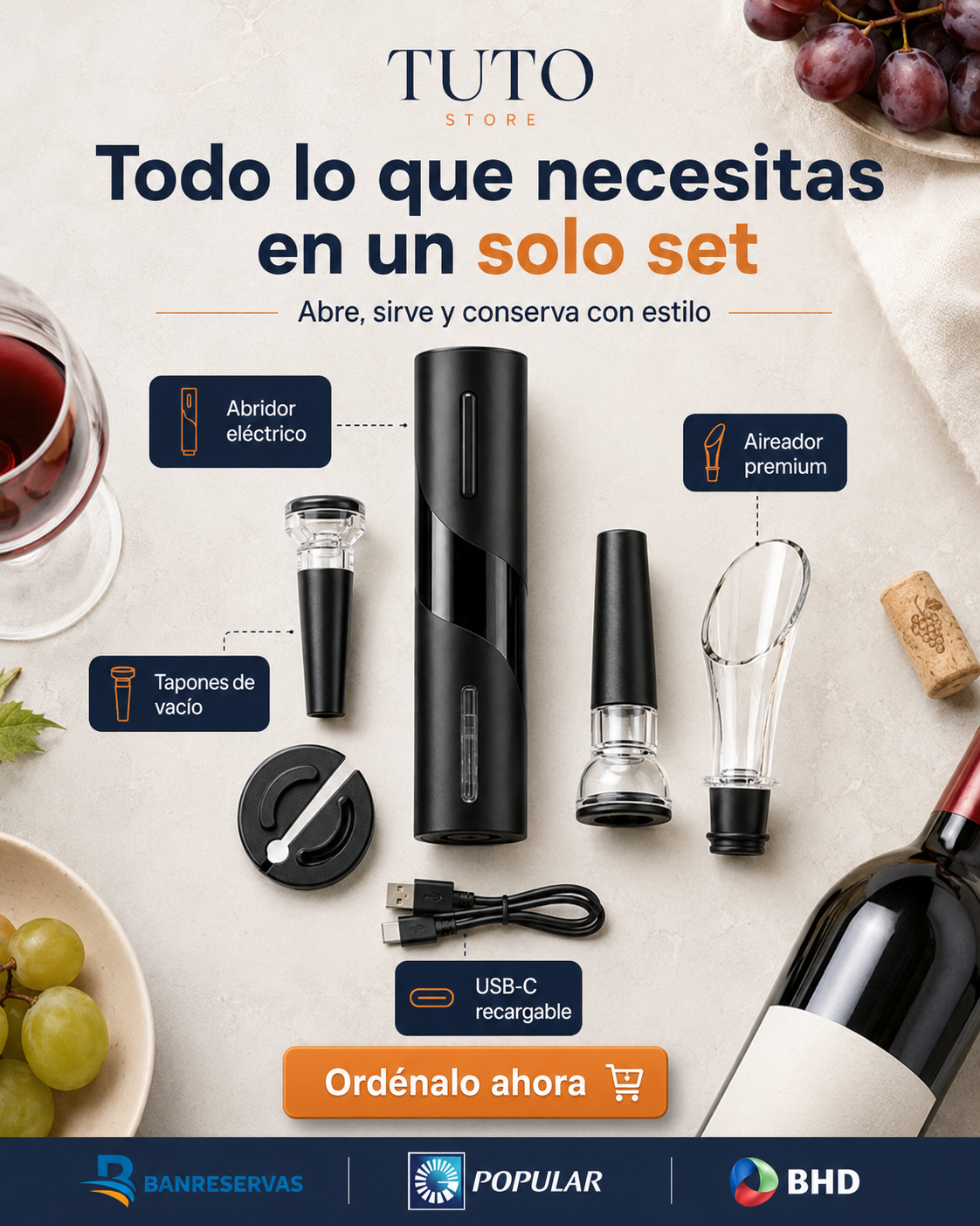 Set Eléctrico para Vino 4 en 1 – Extracción rápida y sin esfuerzo: abre tu vino con solo presionar un botón