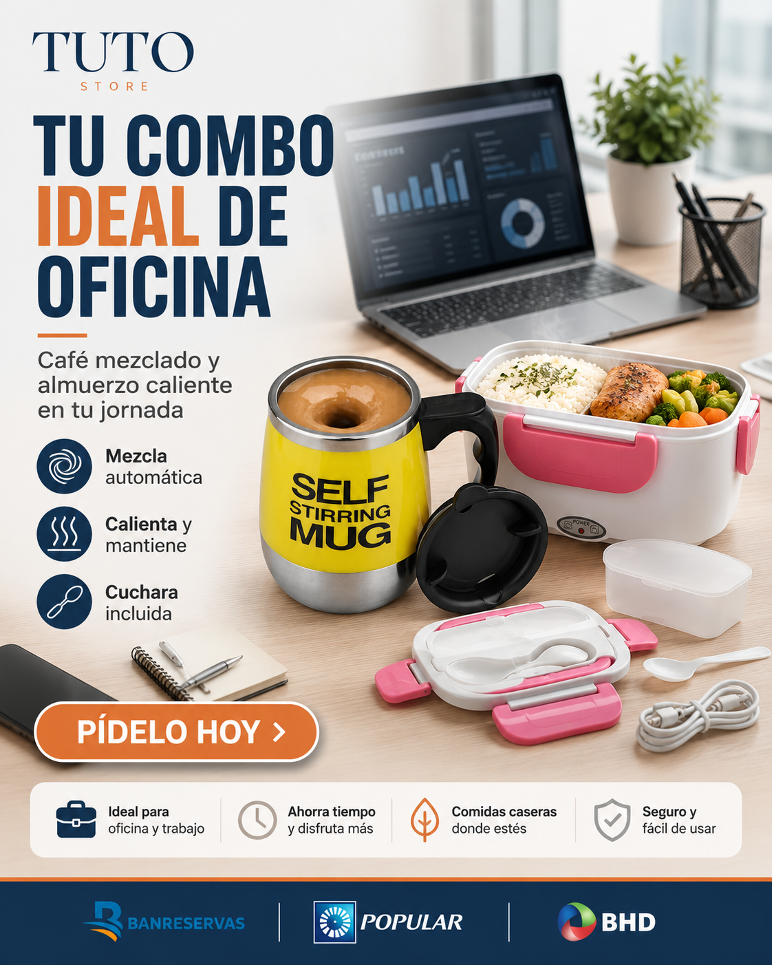 Combo de Lonchera Calentadora y Vaso Automático – Calienta tu comida y prepara tus bebidas: disfruta todo como recién hecho