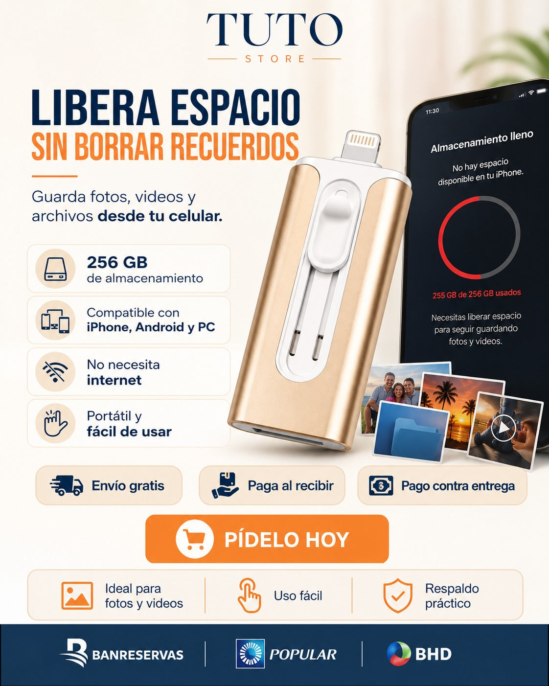 Memoria USB Inteligente 3 en 1 de 256 GB – Libera espacio y guarda tus archivos: no borres tus fotos para seguir usando tu celular