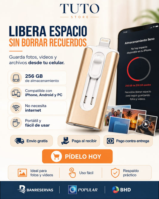 Memoria USB Inteligente 3 en 1 de 256 GB – Libera espacio y guarda tus archivos: no borres tus fotos para seguir usando tu celular